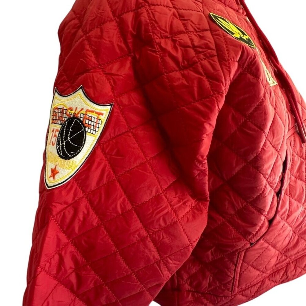 DESIGUAL Red Quilted Padded Hoodie With Patches Cropped Sz M NWT Puffer Pullover - Picture 7 of 12